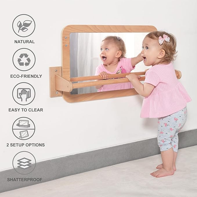 Montessori Baby 2-in-1 Shatterproof Safety Mirror with Pull-Up Bar - Infant Wall Mount & Floor Play for Tummy Time (6-18 Months)