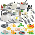 Bruvoalon 67Pcs Kids Play Kitchen Toys Set, Toddlers Pretend Cooking Playset Acccessories with Pots Pans, Utensils Cookware, Foods, Canned Veges, Learning Gift for Kids Girls Boys (White)