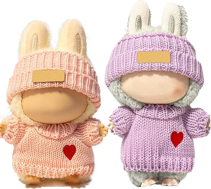 2 Sets for Clothes 17cm/15cm Outfits (4 Pieces) Accessories Handcrafted Crochet Doll Clothes for Fashion Designer Ropa Collection with Hats & Sweater Pink & Purple