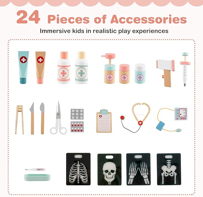 HONEY JOY Kids Wooden Doctor Play Set, 2 In 1 Checkup Medical Office Center & Vet Clinic Station, Exam Area & Interactive Accessories, X-Ray, Toddler Pretend Hospital Playset Kit for Boys Girls (Pink)