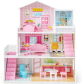 Costzon Wooden Dollhouse for Kids, 3-Story Semi-Open Doll House with 5 Rooms & 10 Pieces Furniture Set, Ladders & Balcony, Preschool DIY Pretend Play Dollhouse Toy, Gift for Girls & Boys Ages 3+