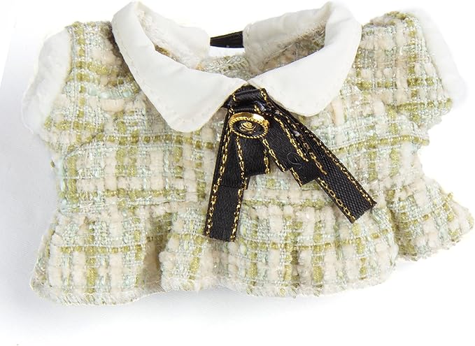 17cm Doll Clothes for Labubu - Luxury Chic Style Set for 17cm Dolls, Premium Doll Outfit with Accessories - Green Plaid Tweed Dress + Black Necktie + Plaid Bow (Clothes Only)