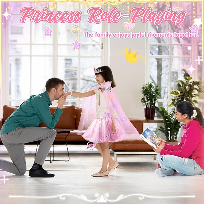 Princess Dress Up Clothes for Little Girl, Light Up Princess Cape Set with Crown, Princess Dresses for Girls 3-8 Role Play, Princess Toy Gift for Halloween Christmas Birthday Party