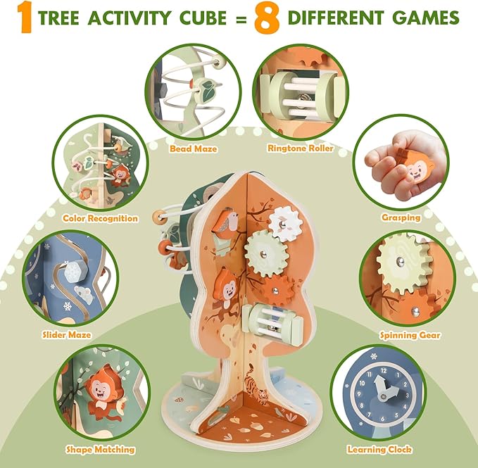 Joyreal Montessori Toys for 1 Year Old - 8-in-1 Wooden Activity Cube, Montessori Baby Activity Center for 1+ Year Old, Educational Toy for Toddlers, Ideal Gift for Boys and Girls with Seasonal Theme