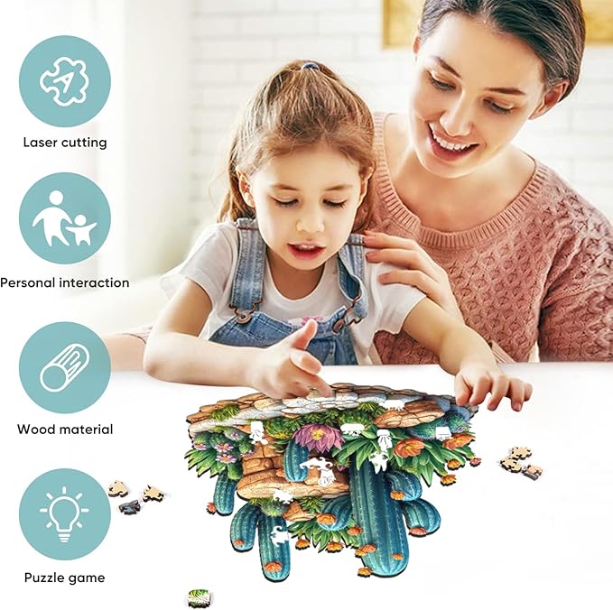 delobil Succulent Cactus Wooden Puzzles for Adults, 500 Pieces Jigsaw Puzzles, Unique Shaped Medium Size Liberty Wood Puzzle Gift for Adults and Kids, Family Game 16.7'' x 16.2''