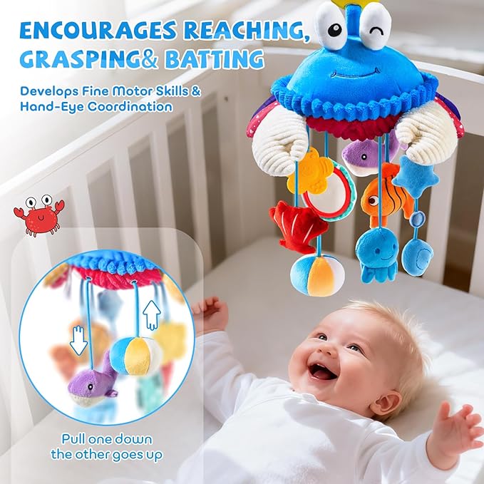 Hanging Activity Toy for Car Seat, Stroller, Crib & Play Gym, Sensory Crab Plush Toy for Babies 0-12 Months, Tummy Time, Motor Skills Development, Montessori Toy with Mirror, Rattle & Teether