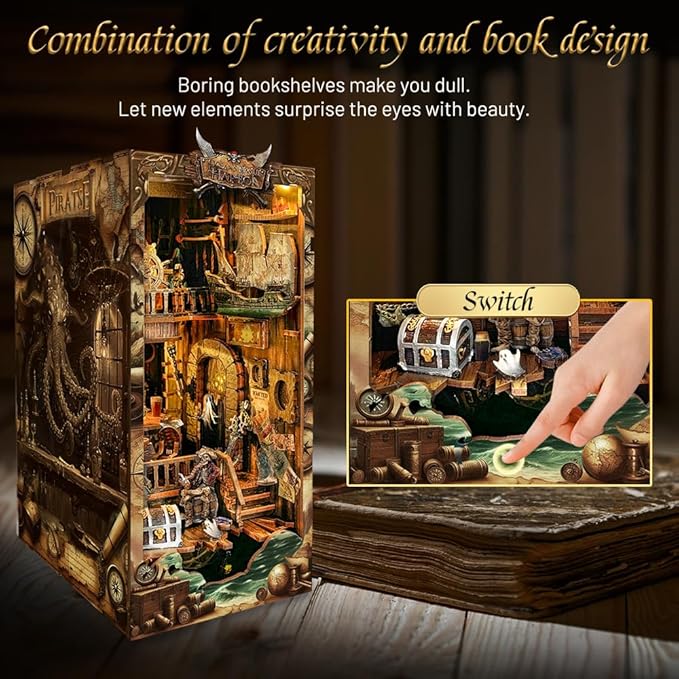 Book nooks DIY Dollhouse kit for Adults Bookshelf Decor with LED Lights 3D Wooden Puzzle Model booknooks Kits Gifts for Family,Friends (New World)