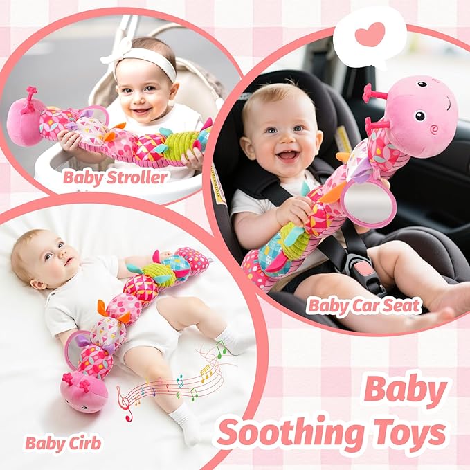 Baby Toys 0-6 Month, Musical Caterpillar Baby Rattle, Plush Sensory Toy with Mirror, Crinkle Textures, Newborn Developmental Tummy Time Stuffed Animal for Infants Boys Girls 6-12 Months (Pink)