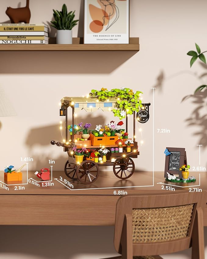 Flower Cart Building Set with LED Strips, Car Shop with Flower Bonsai and Plants Building Kits, Flower Tools and Signs Home Desk Decor Ideas Gifts for Kids 6+