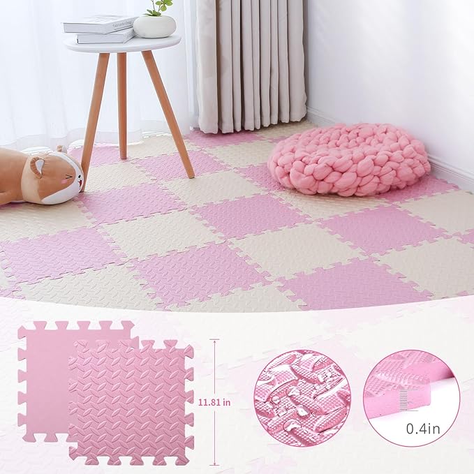 36 Tiles Foam Play Mat for Baby, 0.4 Inch Thick Foam Interlocking Floor Mats, Soft Non-Toxic Baby Playmat, Solid Colored Puzzle Play Mat Kids Floor Mats for Toddler(Beige/Pink)