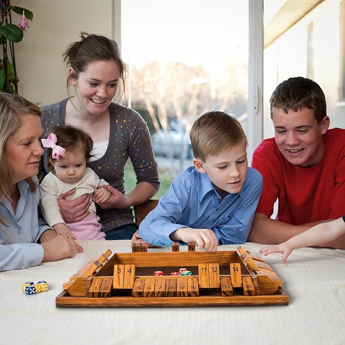 Upgraded 16.54’’ Shut The Box Dice Game with 15 Numbers for 1-4 Players, Large Wooden Board Math Game 16 Dices, Tabletop Games Kids Adults Family Party Birthday