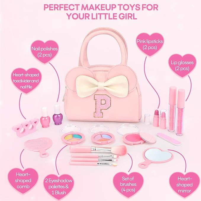 Kids Real Makeup Kit for Girls - 18Pcs Non-Toxic Washable Make Up Toys with Initial Toddler Purse - Personalized Birthday Gifts for Age 3 4 5 6 7 8 9 10 Years Old Girls Vanity Set - P