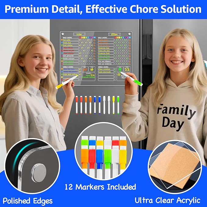PigPotParty 2-in-1 Acrylic Magnetic Chore Chart for 2 Kids, Couples, Roommates, 15"x11" Large Dry Erase Chore Board for Fridge, Clear Weekly & Daily Reward Chart, Includes 12 Markers & Towel
