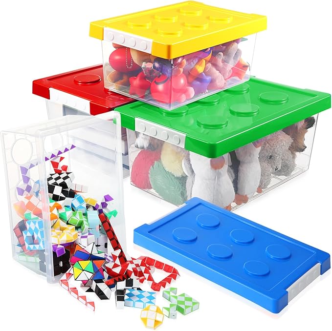 Vicenpal 4 Pack Toy Storage Containers with Lids Brick Shaped Kids Toy Organizer Box Plastic Clear Stackable Bin Chest for Building Block Dolls(Large, Small,Red, Yellow, Blue, Green)