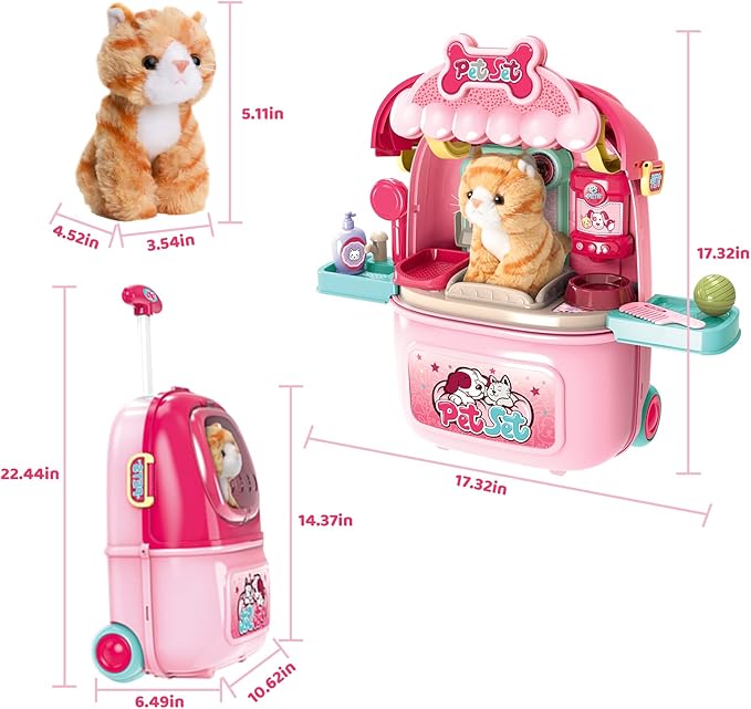 MAGIC4U Pet Cat Care Carrier Suitcase Toy, 29PCS Vet Clinic and Doctor Kit for Kids, Pet Kitty Grooming Feeding Toys, Veterinarian Pretend Play Set, Gifts for Boys and Girls Ages 3-12