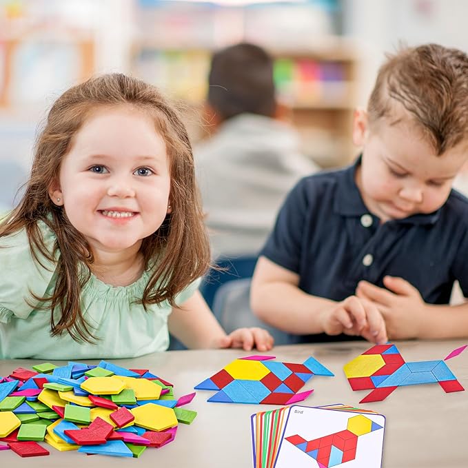 3 otters Wooden Pattern Blocks Shapes for Kids, Geometric Tangram Puzzle with Activity Cards, 150 PCS Educational Toy