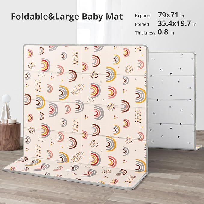 Extra Large Play Mat for Baby, 0.8 Inch Thick BPA Free, Reversible Foldable Baby Play Mat, 79" x71" Waterproof Foam Floor Baby Crawling Mat, Portable Playmat for Infants, Toddler, Kids, Rainbow