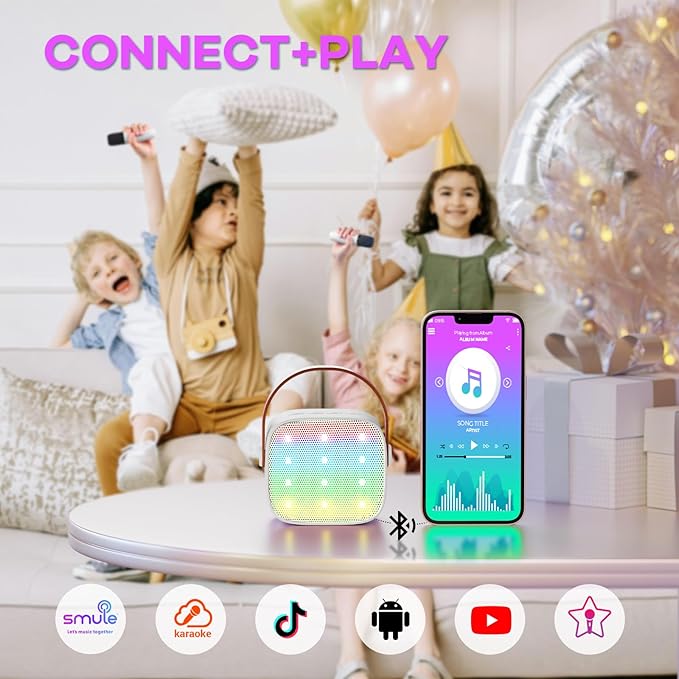 Mini Karaoke Machine for Kids Adults, Portable Bluetooth Speaker with 2 Wireless Microphones,Toys Birthday Gifts for Girls 3, 4, 5, 6, 7, 8, 9, 10, 11, 12+ Years Old Toddler Teens(White)