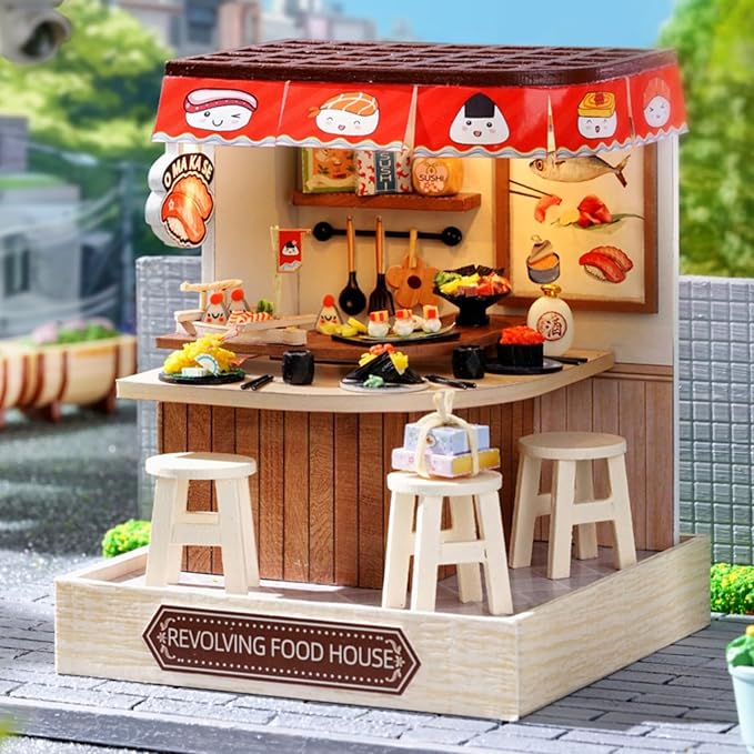 OZJAY DIY Miniature House Kit with Dust Proof Cover, 1:24 Scale Creative Room Mini DIY Wooden Dollhouse Miniature Kit for Adults Teen(Revolving Food House)