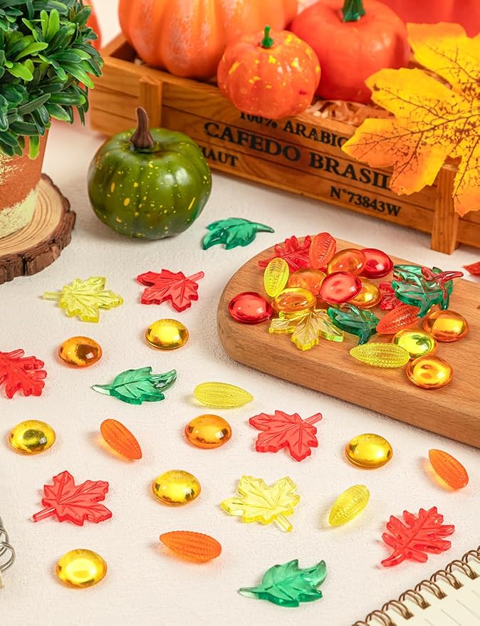 150Pcs Fall Vases Filler, Mini Acrylic Maple Leaves Corn Gem for Thanksgiving Table Decor