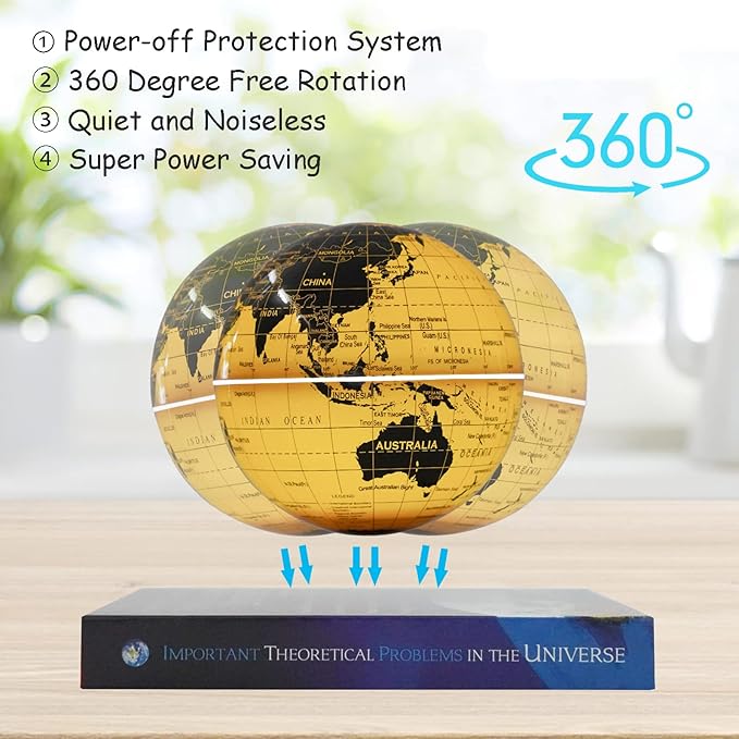 6" Magnetic Levitation Floating Globe Anti Gravity Rotating World Map with LED Light 7 Colors Display Floating Globe for Children Educational Gift Home Office Desk Decor (Gold-Book Base)