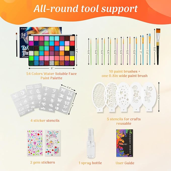 Professional Face Paint Set for Kids,54 Colors Non-toxic Water Activated Face Painting Makeup Palette .Includes Multiple makeup tools.Ideal for Halloween,Carnival,Cosplay,Party,SFX Arty Stage Makeup.