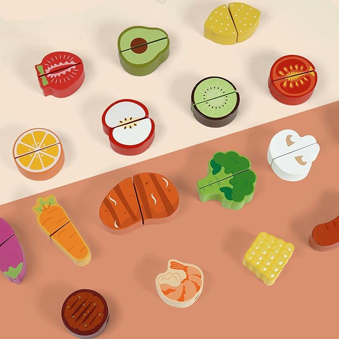 Wooden Play Food Set for Toddlers,Cutting Food for Preschool Activities, Pretend Play Kitchen Accessories for Kids, Fake Food Kitchen Toys for Boys & Girls