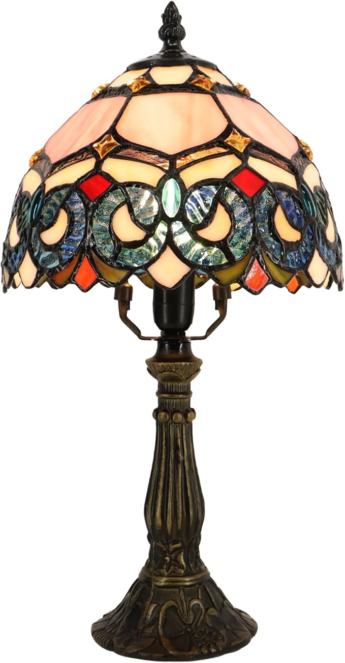Small Tiffany Lamp Mini Accent Table Lamp Stained Glass Desk Memory Lamp Sympathy 8X14.5 Inch (Pink Baroque Style)