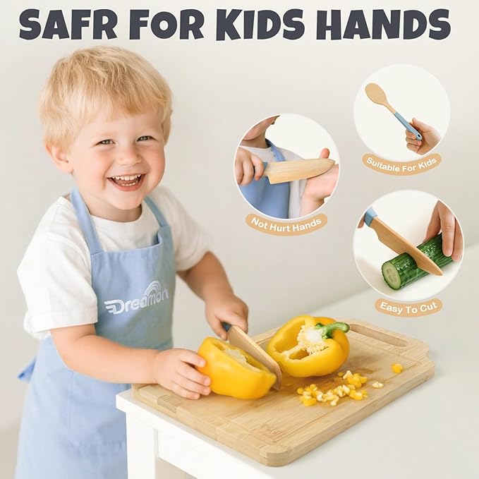 29 PCS Wooden Kids Cooking Set, Toddler Montessori Cooking & Baking Kitchen Tools for Real Cooking, 3 Knifes, Real Cutting Board, Apron, Kid Safe Kitchen Utensils for 3+ Year Old Boys Girls Gift