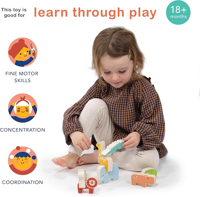 Mentari Toys - Happy Stacking Safari - 7pc Wooden Stacking Toy for Toddlers - Colorful Safari Balancing Activity Toy with Bag - Boost Fine Motor Skills and Dexterity - Educational Toy - Age 18m+