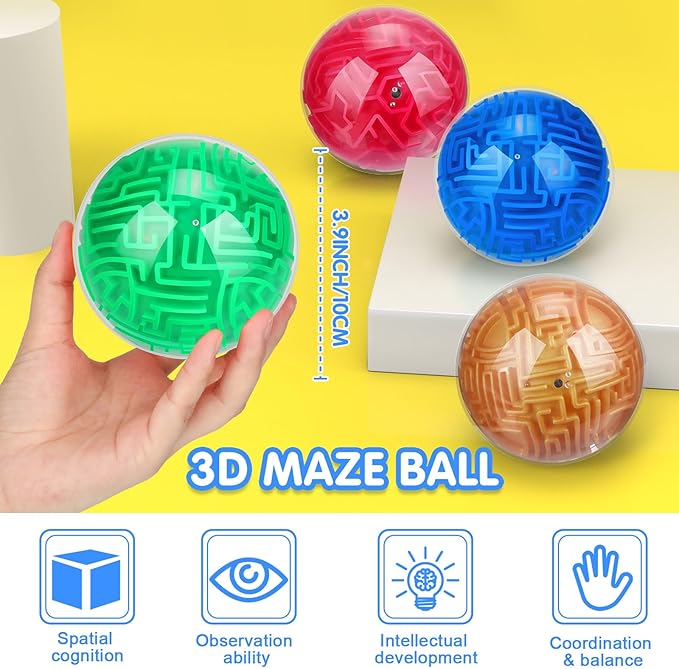 Sumind 4 Pcs 3D Puzzle Maze Ball Magic Brain Teasers Games Memory Sequential Gravity Maze Cube Ball Sphere Educational Puzzle Toys for Adult Hard Challenges(Blue, Green, Rose Red, Gold)