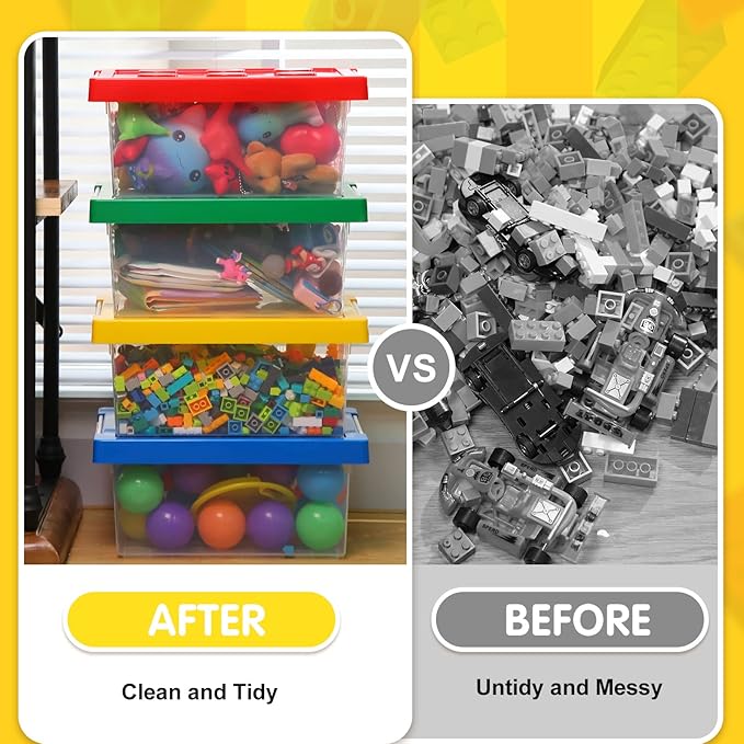 Vicenpal 4 Pack Toy Storage Containers with Lids Brick Shaped Kids Toy Organizer Box Plastic Clear Stackable Bin Chest for Building Block Dolls(Small,Red, Yellow, Blue, Green)