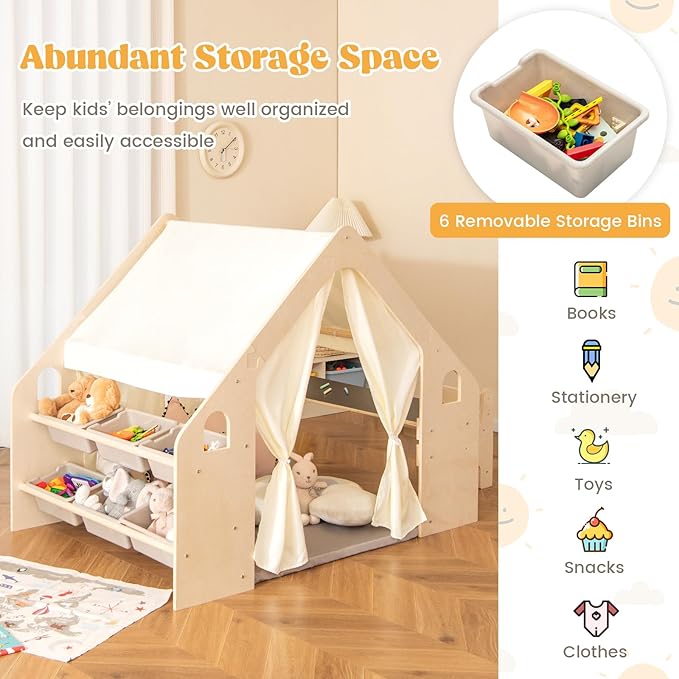 Costzon Large Kids Tent, 6-in-1 Wooden Frame Play House with Table and Chair Set, Blackboard, 6 Storage Bins & Soft Floor Mat, Indoor Playhouse for Boys Girls Aged 2-6 Years Old