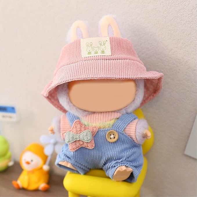 17cm Doll Clothes | Fashion Kawaii Chic Style Set for Dolls | 3-Piece Outfit with Colorful T-Shirt, Star Blue Romper & Pink Hat (NO Doll)
