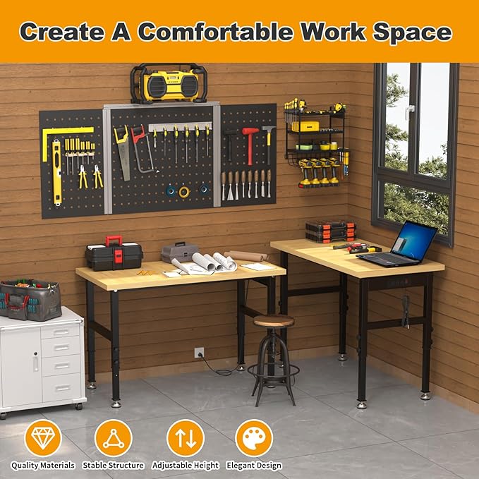 48" Adjustable Workbench, Heavy-Duty Work Bench, 2000 LBS Worktable with Power Outlets, Portable Chipboard Work Station for Repair Shop, Workshop, Office