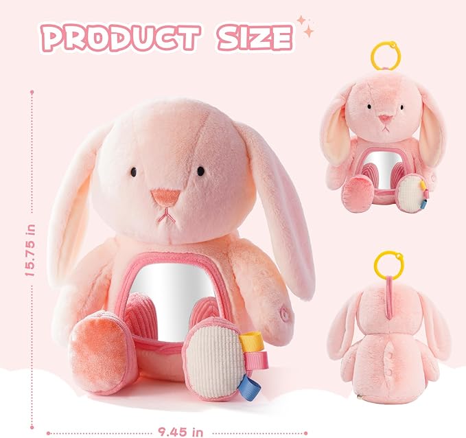 Koty Musical Tummy Time Toy,Baby Mirror Toy 3 Years Old, Infant Sensory Toy with Crinkle Sounds, Textures, Mirror & Melody Music Box for Tummy Time and Self-Discovery (Pink Rabbit)
