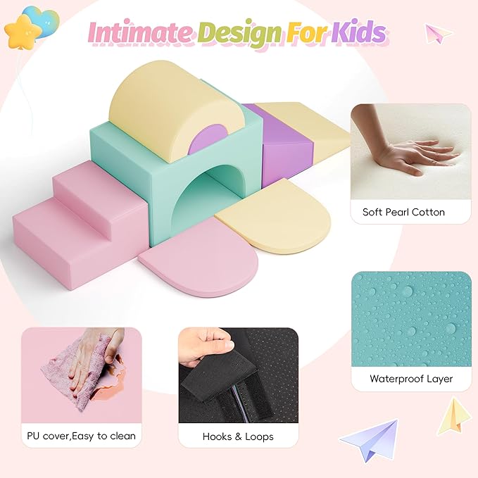 MU ‌Soft Climbing Toys for Toddlers, 7-Piece Baby Soft Foam Climbing Blocks, PU Leather Gym Climb and Crawl Activity Play Set, Indoor Climbing Toys for Kids and Children, Pink