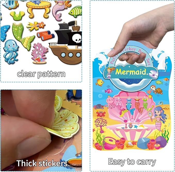 Dress Up Sticker Books for Girls Ages 3+, Reusable Puffy 3D Sticker Books for Toddlers, Include Princess Mermaid Fairy and Fashion Girl,Activity Book for Toddlers 3-5