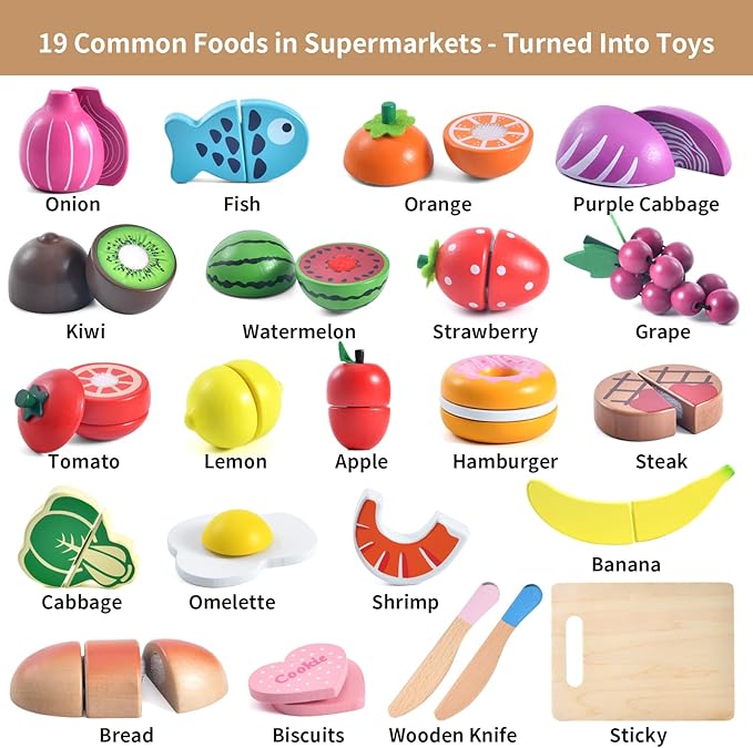 WHOHOLL Wooden Play Food for Kids Play Kitchen Accessories Playset with Basket, Pretend Cutting Food Montessori Toys for 3 4 5 6 Year Old, Velcro Vegetables Fruits Toys Gifts for Fine Motor Skills