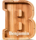 Summidate Customized Name Large Wooden Piggy Bank for Kids Boys Girls Alphabets Letter A-Z Coins Bills Money Change Bank Box Initial on Clear Cover (Laser Engraved) (Alphabet-B, Personalized-9")