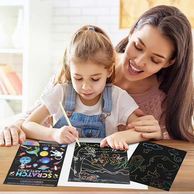 KSIWRE 3 Set Scratch Paper Art for Kids, Magic Rainbow Scratch Art with 3 Scratch Pen, Colorful Painting Book Gifts for Kids Boys Girls (Dinosaurs/Spaceman/Cute Animal)
