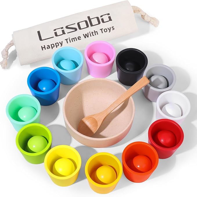 Rainbow Balls in Cups Toddler Montessori Toys - Color Sorting Toys for Toddlers for 3 Year Old Up, Learning Color Sorting and Counting, Kids Preschool Wooden Matching Games (12 Balls, 1.4 in)