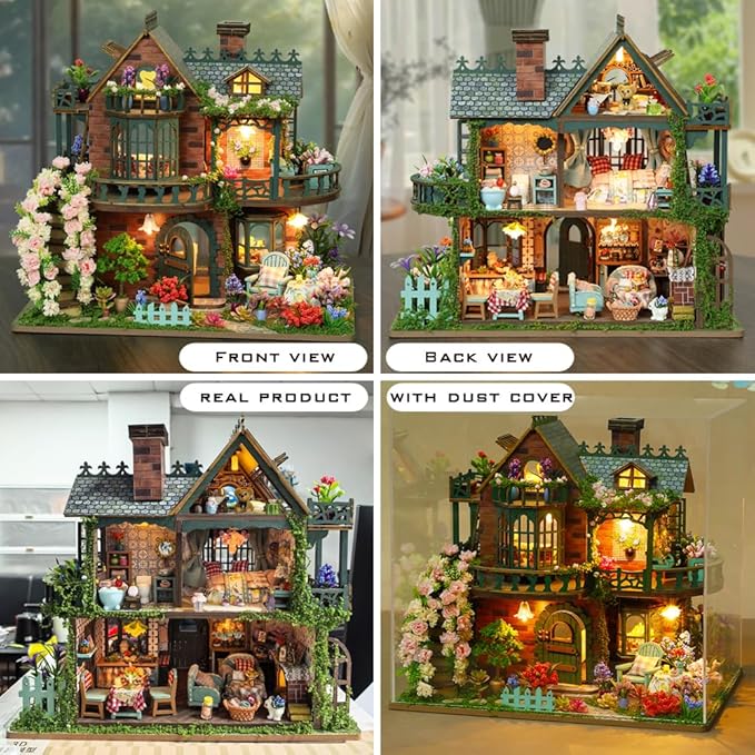 Yuzhen DIY Miniature Dollhouse with Furniture and LED Lights, Wooden Dollhouse Includes Dustcover and Music Movement