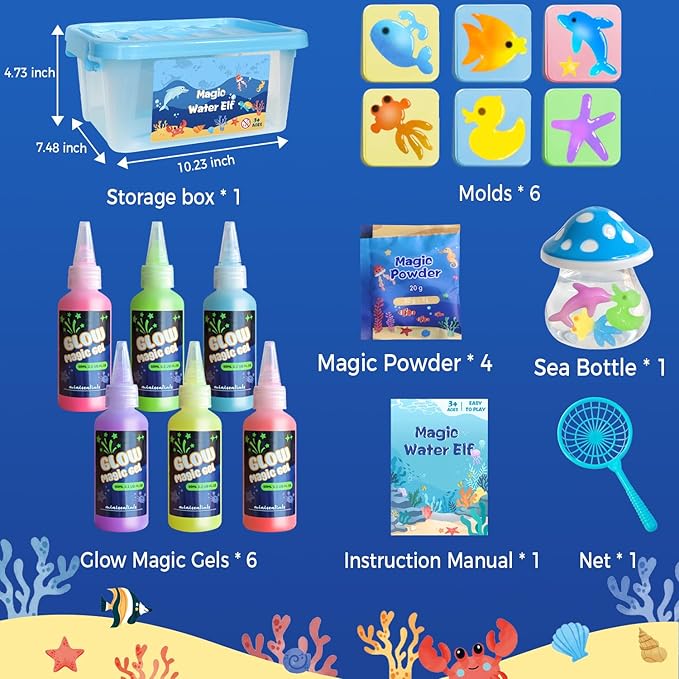 Magic Water Elf Toy Kit - Glow in The Dark Aqua Gel 6 Colors with 6 Molds - Magic Squishy Maker Water Fairies Birthday Party Favors DIY STEM Toy for 3-8 Years Old Kids