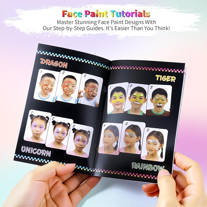 54 Color Face Painting Kit for Kids, Non-Toxic Face Paint Makeup Kit| with Stencil, Guide Book, Easy to Use and Washable Facepaint Makeup Kit for Halloween, Cosplay, School Event