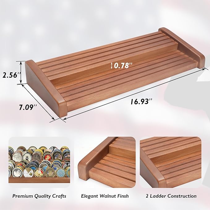 8 Rows Solid Wood Challenge Coin Display Stand - Military Holder for Up to 60-70 Coins - Ideal Rack for Army Navy Marine Corps Law Enforcement Collectors, Walnut Finish