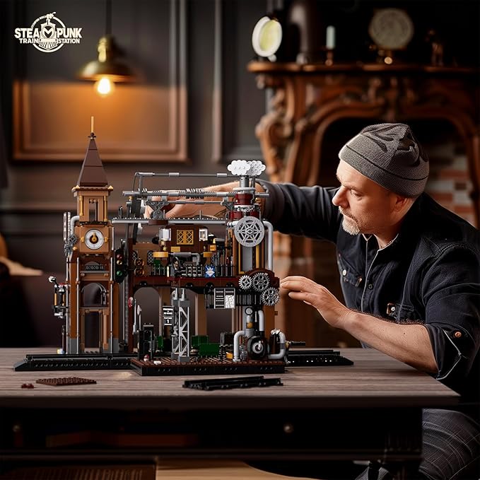 FUNWHOLE Train-Station Lighting Building Bricks Set - Steampunk LED Light Building Set 1843 Pieces for Adults and Teens