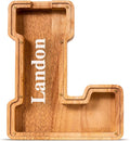 Summidate Customized Name Large Wooden Piggy Bank for Kids Boys Girls Alphabets Letter A-Z Coins Bills Money Change Bank Box Initial on Clear Cover (Laser Engraved) (Alphabet-L, Personalized-9")