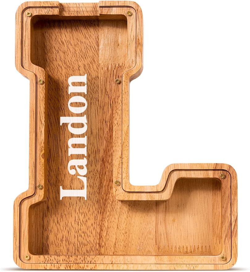 Summidate Customized Name Large Wooden Piggy Bank for Kids Boys Girls Alphabets Letter A-Z Coins Bills Money Change Bank Box Initial on Clear Cover (Laser Engraved) (Alphabet-L, Personalized-9")