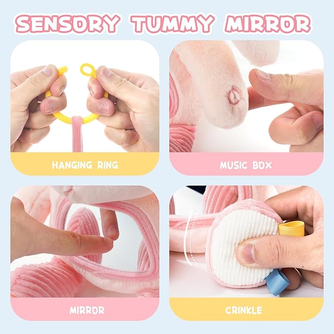 Koty Musical Tummy Time Toy,Baby Mirror Toy 3 Years Old, Infant Sensory Toy with Crinkle Sounds, Textures, Mirror & Melody Music Box for Tummy Time and Self-Discovery (Pink Rabbit)